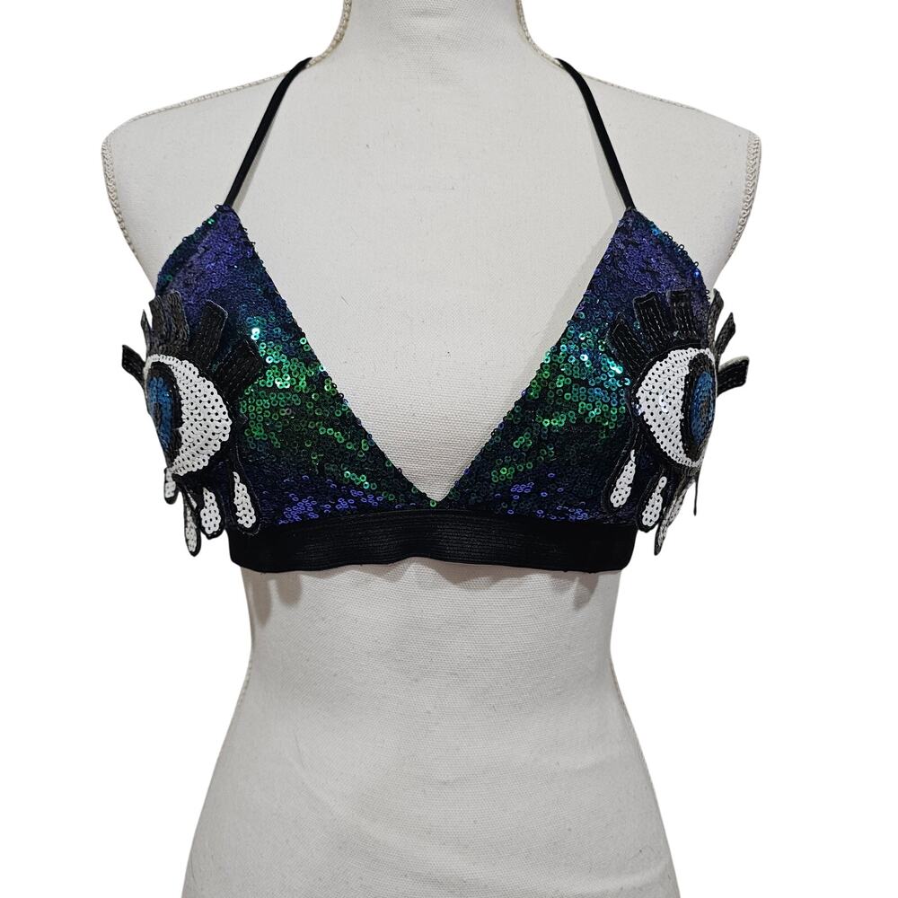 Rave Wonderland Sequin Evil Eye Festival Bralette Y2K Size M/L